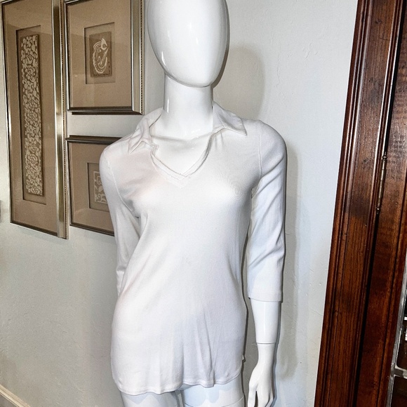 Three Dots Soft Cotton White Collared V-Neck Pullover Top - Medium - Picture 1 of 7